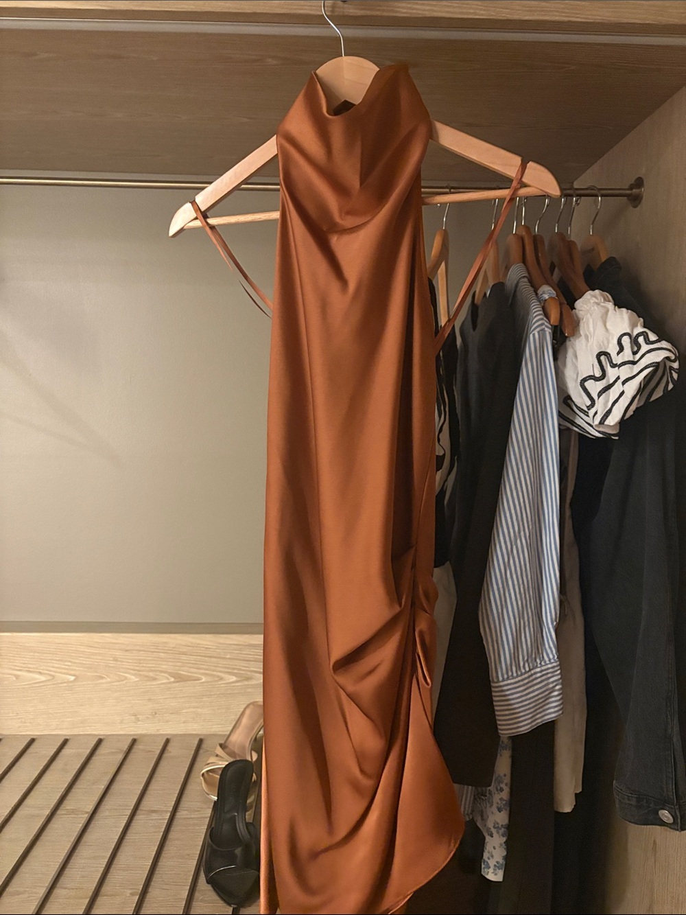 Gianni Bini Satin Cowl-Neck Maxi Dress in Rust